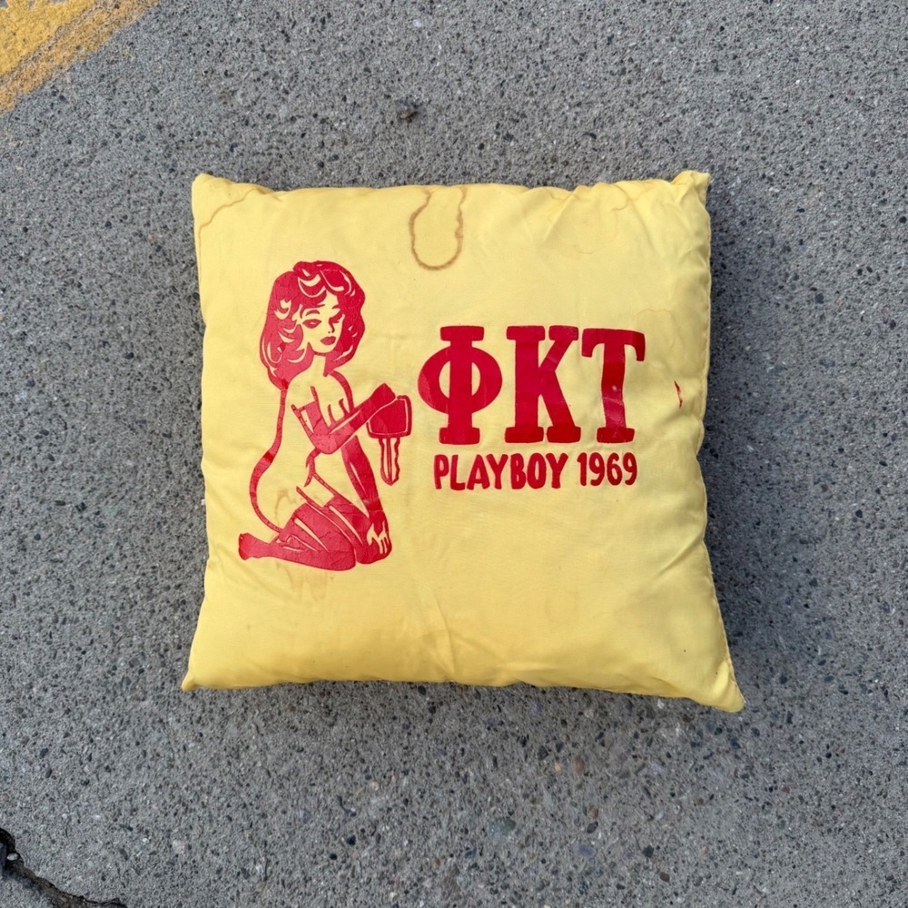 Vintage 1969 Playboy Phi Kappa Tau PKT Fraternity Throw Pillow Yellow Red 12x12